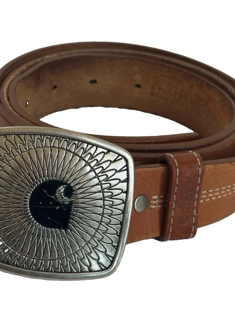 VTG Carhartt Cowhide Leather Belt Silver C Logo Buckle Brown Nubuck L 40 WA011
